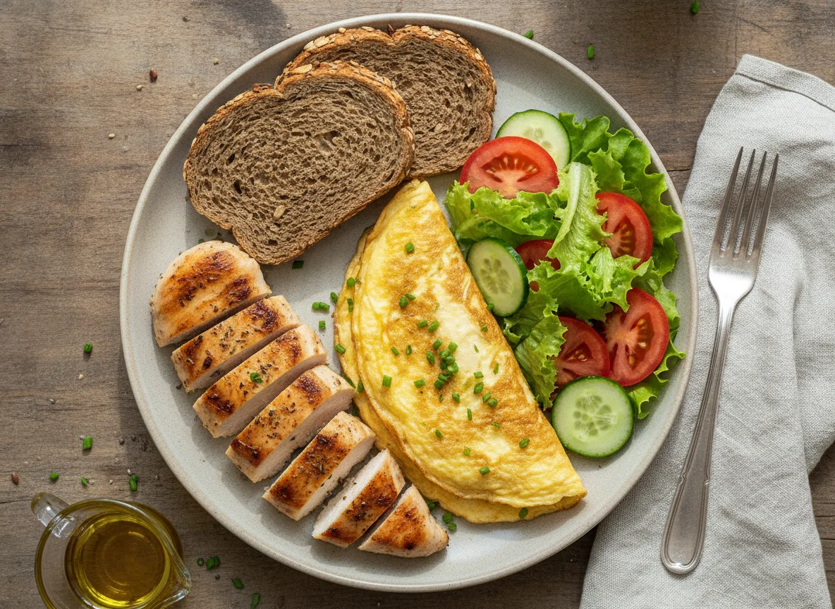 Peito de frango grelhado com omelete, pão integral e salada photo
