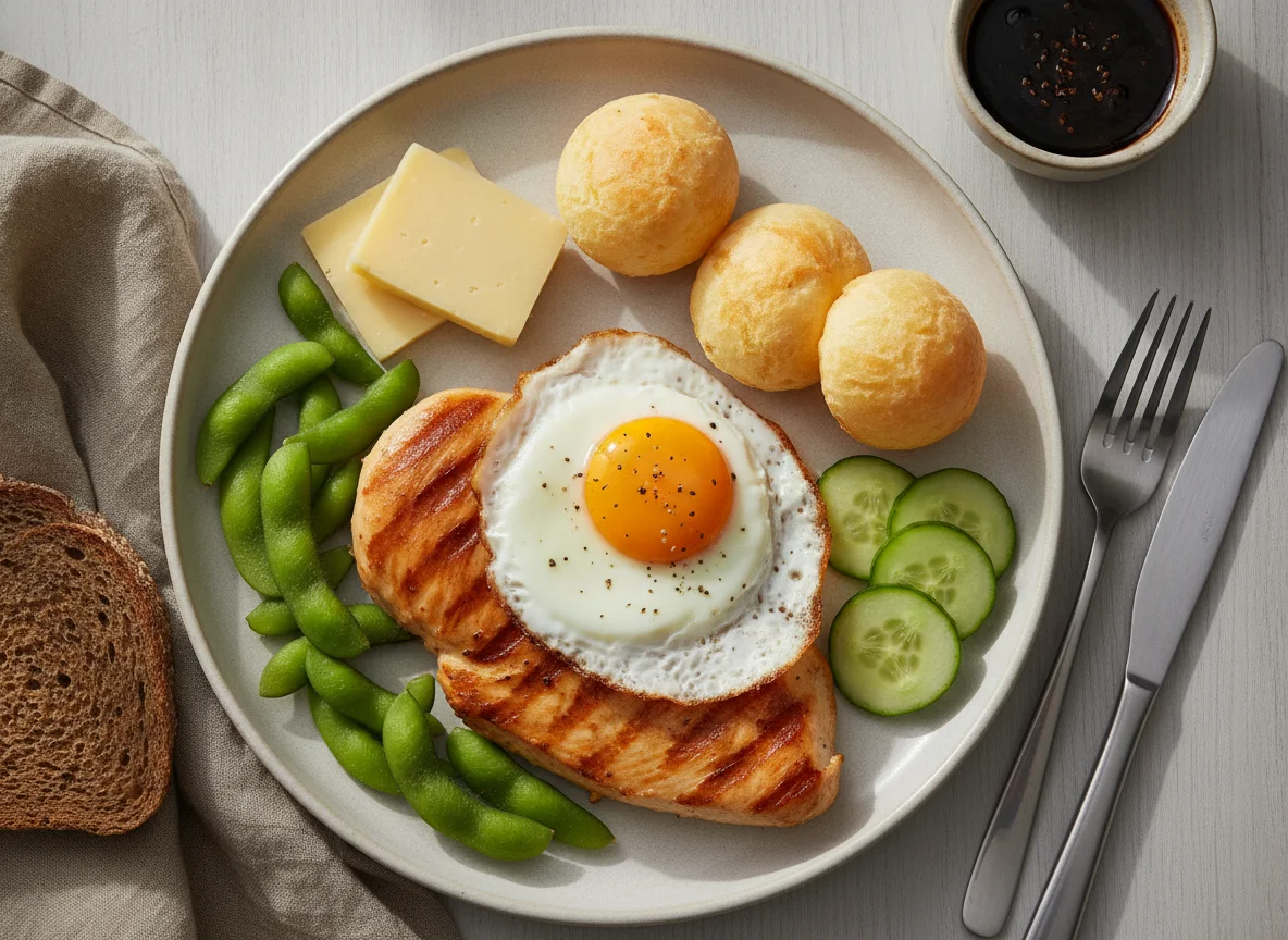 Peito de frango grelhado com ovo, edamame e pepino photo