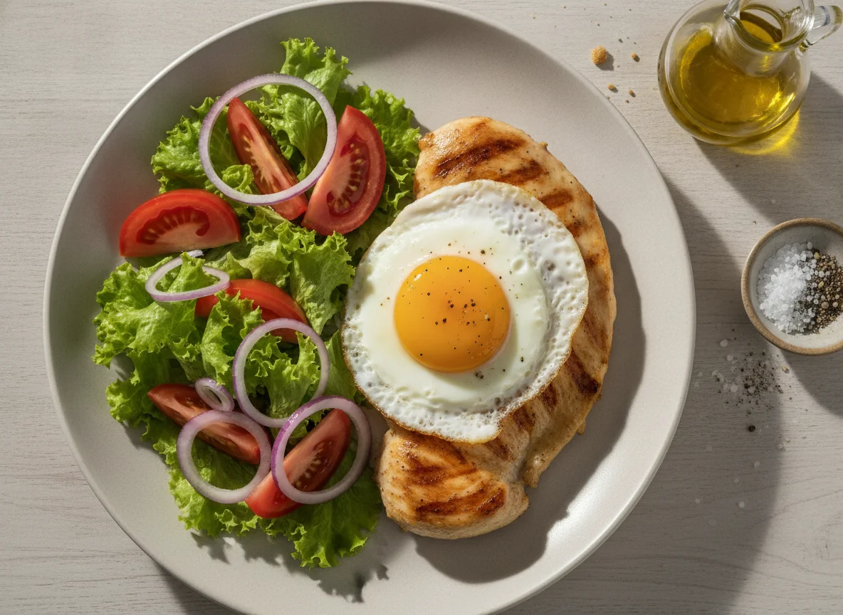 Peito de frango grelhado com ovo estrelado e salada photo