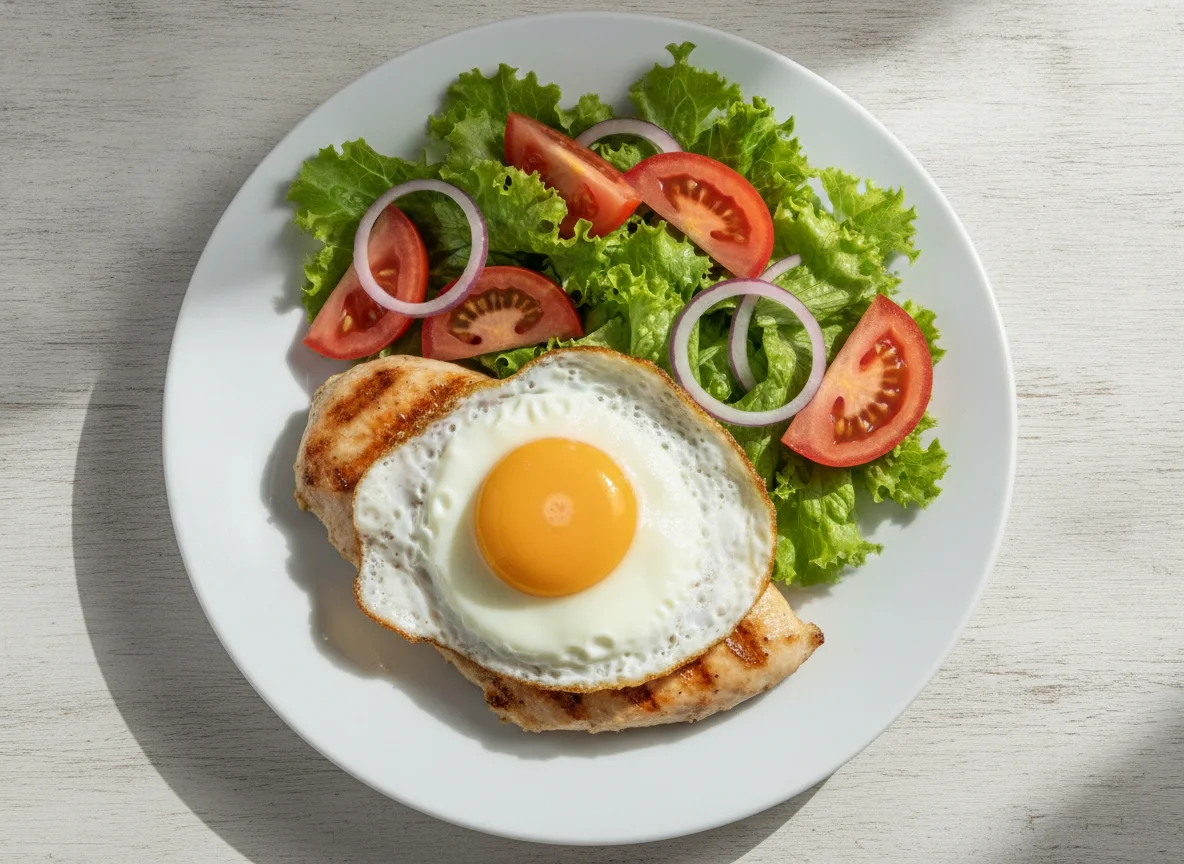 Peito de frango grelhado com ovo estrelado e salada mista photo
