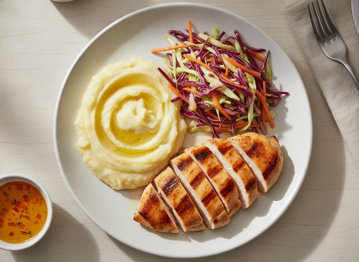 Peito de frango grelhado com puré de batata e salada de repolho photo