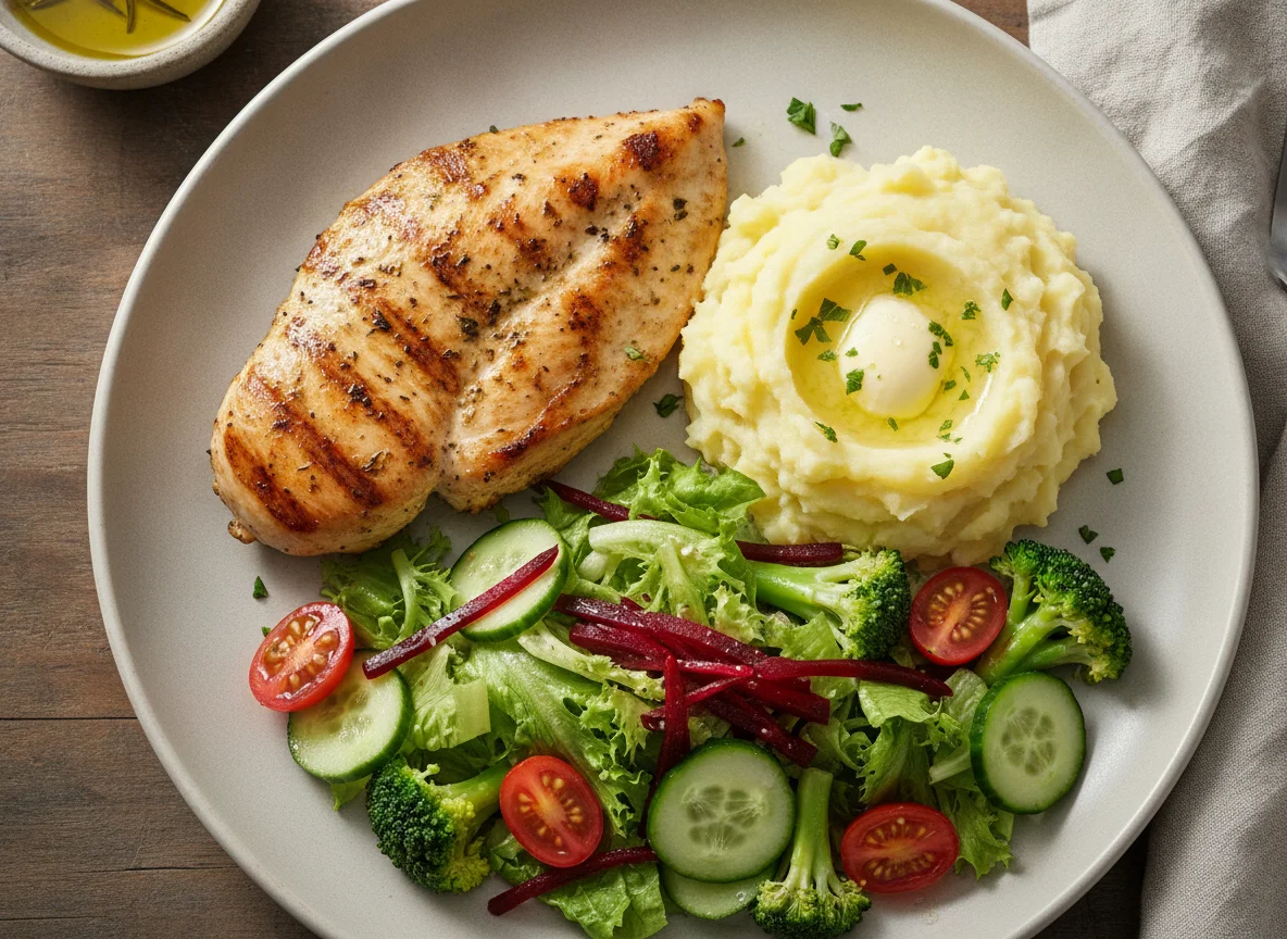 Peito de frango grelhado com purê de batata e salada photo