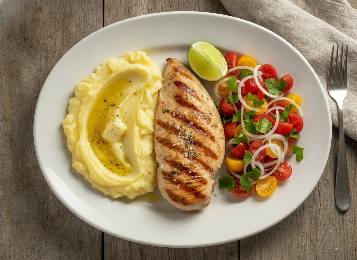 Peito de frango grelhado com puré de batata e salada de tomate photo