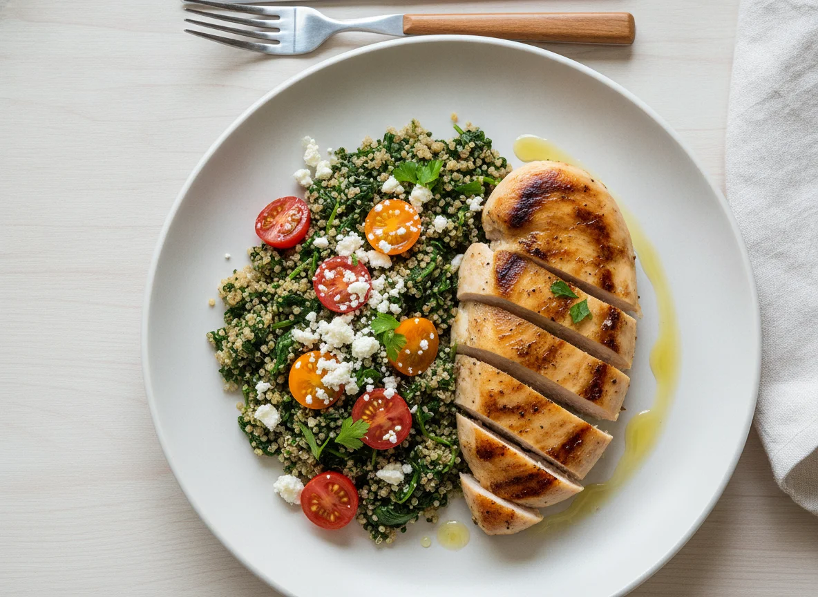 Peito de frango grelhado com quinoa, espinafres e tomate photo