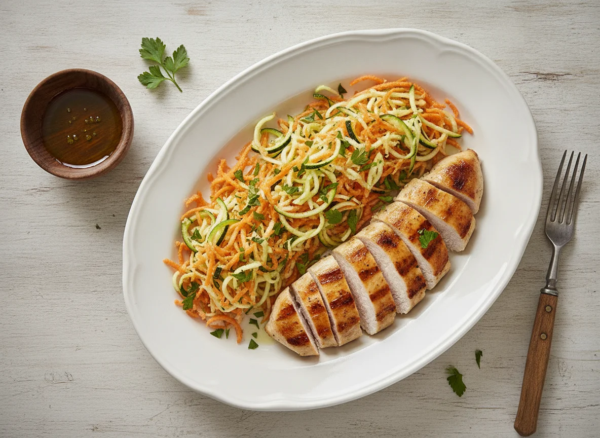 Peito de frango grelhado com salada de cenoura e abobrinha photo