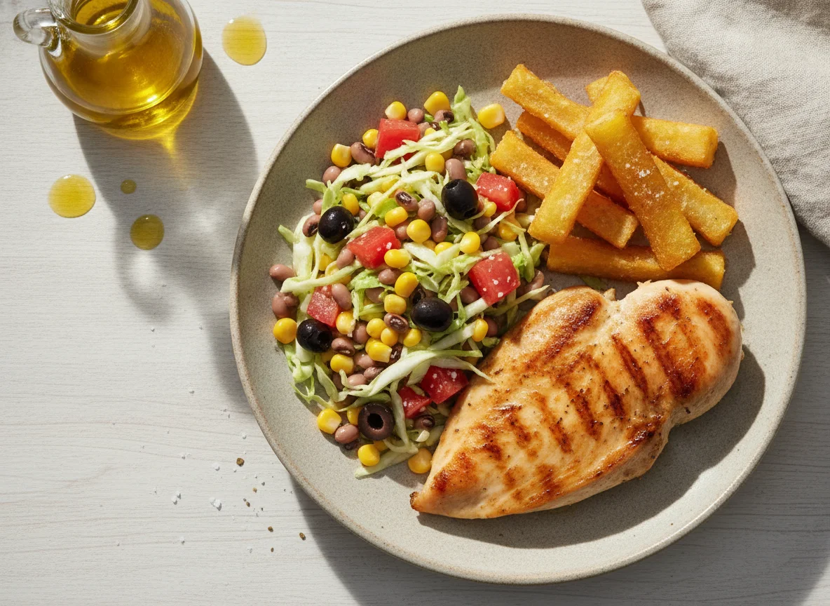 Peito de frango grelhado com salada de feijão fradinho e mandioca photo