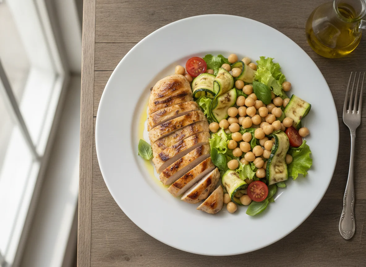 Peito de frango grelhado com salada de grão-de-bico e curgete photo