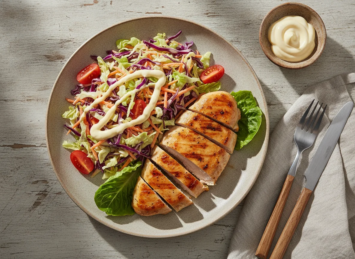 Peito de frango grelhado com salada de repolho e maionese photo