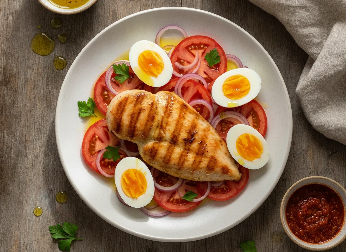 Peito de frango grelhado com salada de tomate e ovo cozido photo