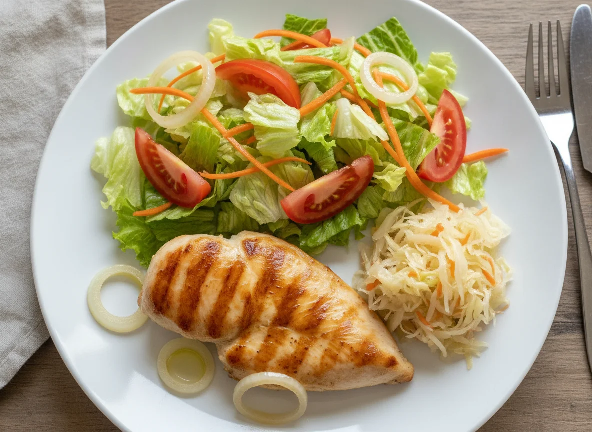 Peito de frango grelhado com salada mista e chucrute photo