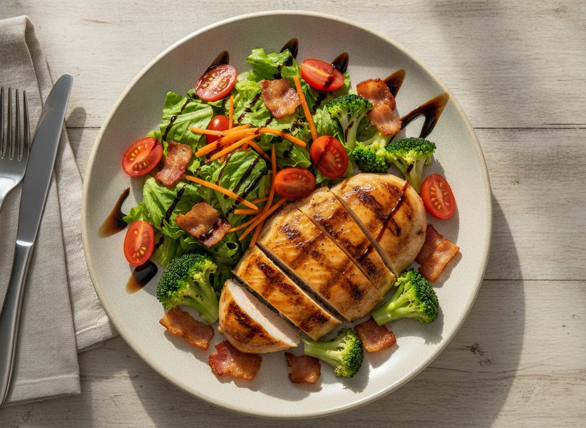 Peito de frango grelhado com salada mista e legumes photo