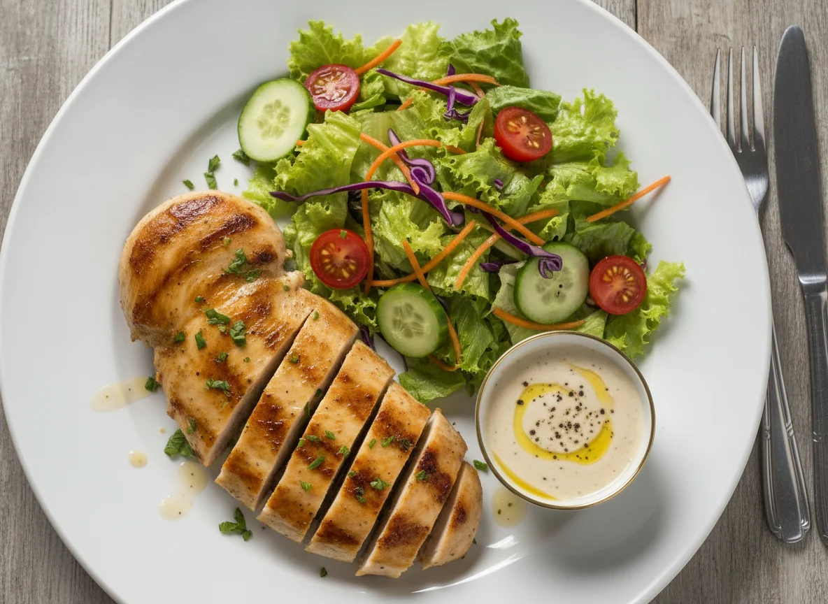 Peito de frango grelhado com salada mista e molho photo