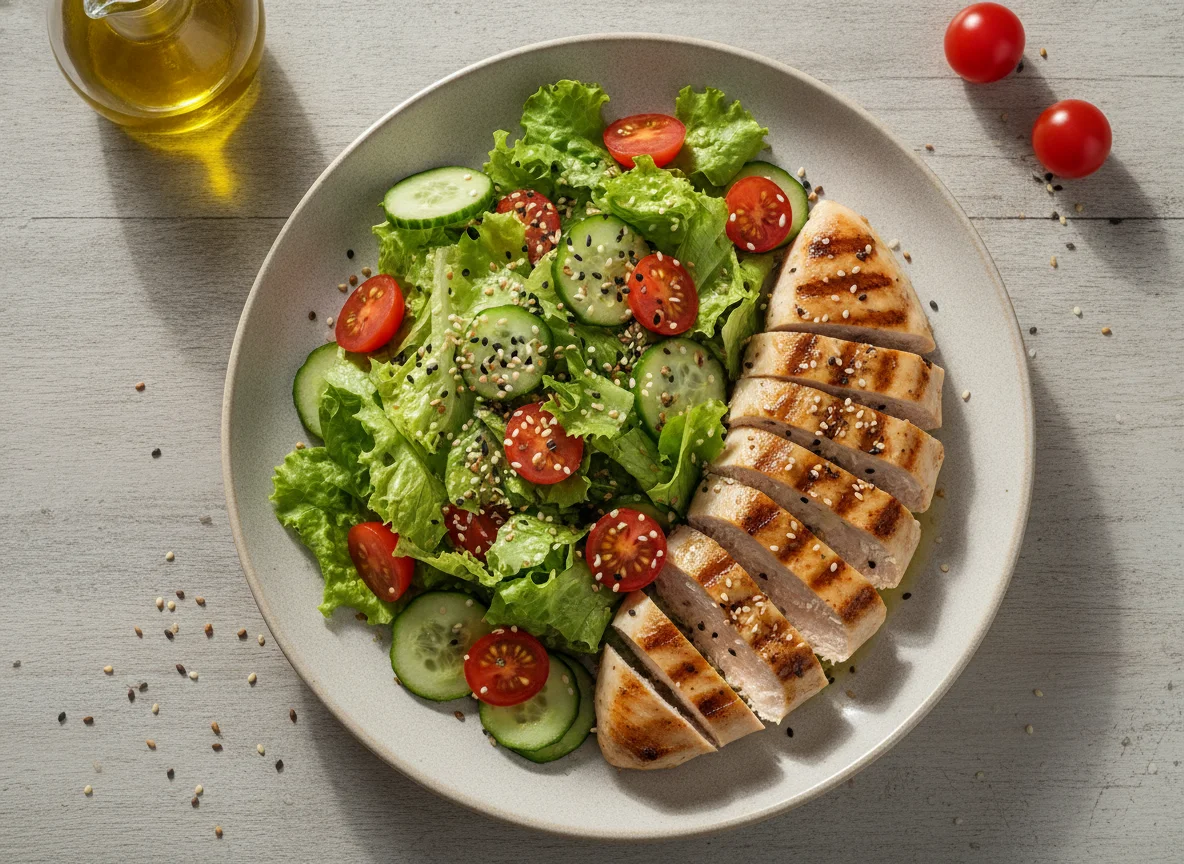 Peito de frango grelhado com salada mista e sementes photo