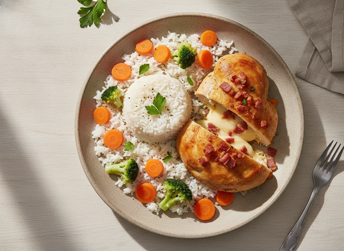 Peito de frango recheado com arroz e legumes photo