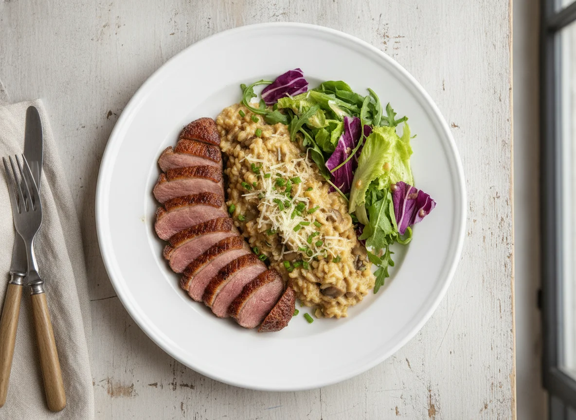 Peito de pato com risoto de cogumelos e salada mista photo