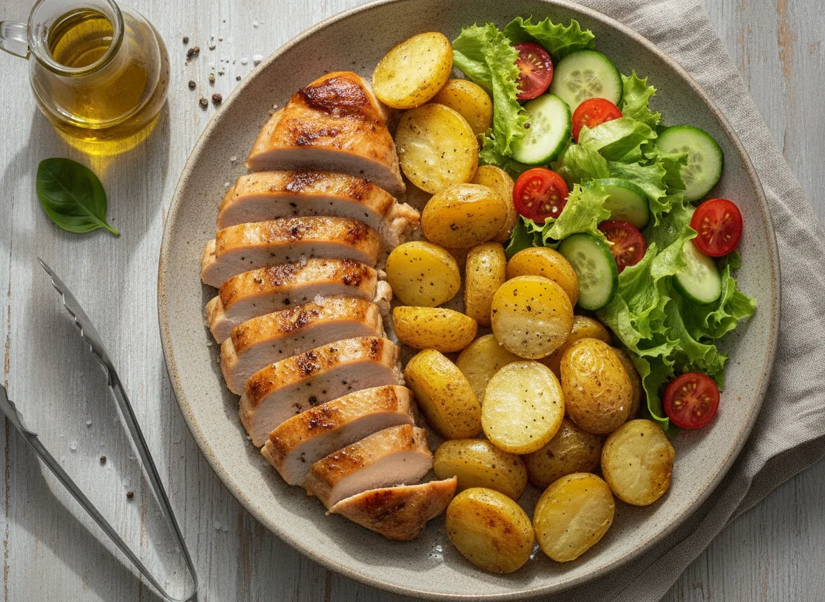Peito de peru assado com batatas e salada photo