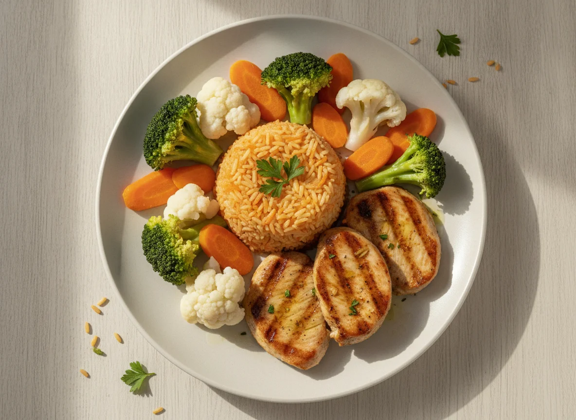 Peito de peru grelhado com arroz de cenoura e legumes cozidos photo