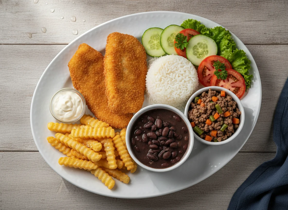 Peixe à milanesa com arroz, feijão, batata frita e salada photo