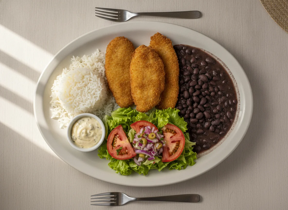 Peixe à milanesa com arroz, feijão e salada photo