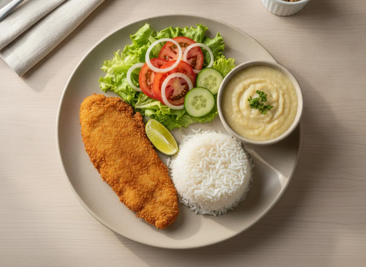 Peixe à milanesa com arroz, salada e pirão photo