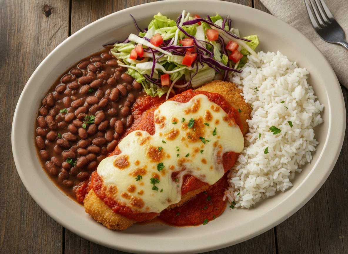 Peixe a parmegiana com arroz, feijão e salada photo
