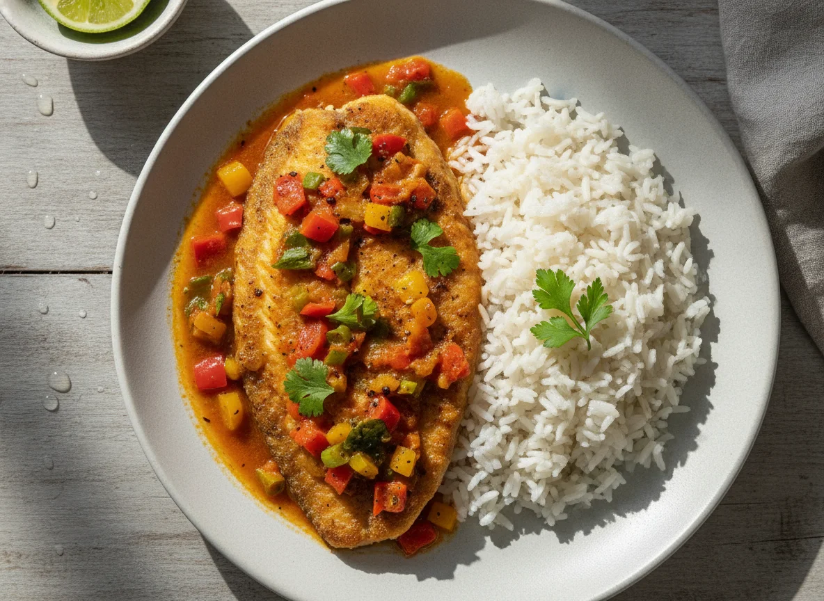 Peixe ao molho com arroz photo