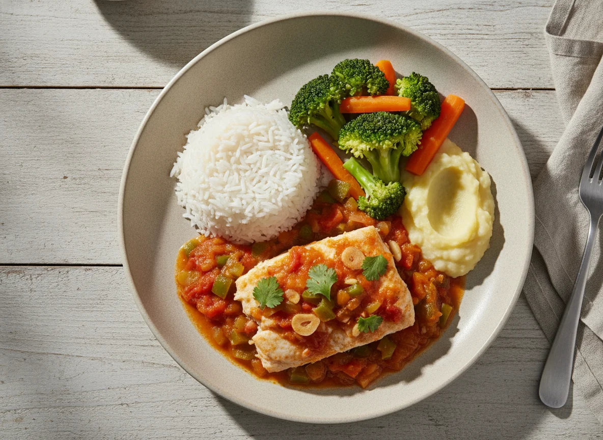 Peixe ao molho com arroz, brócolis e purê photo