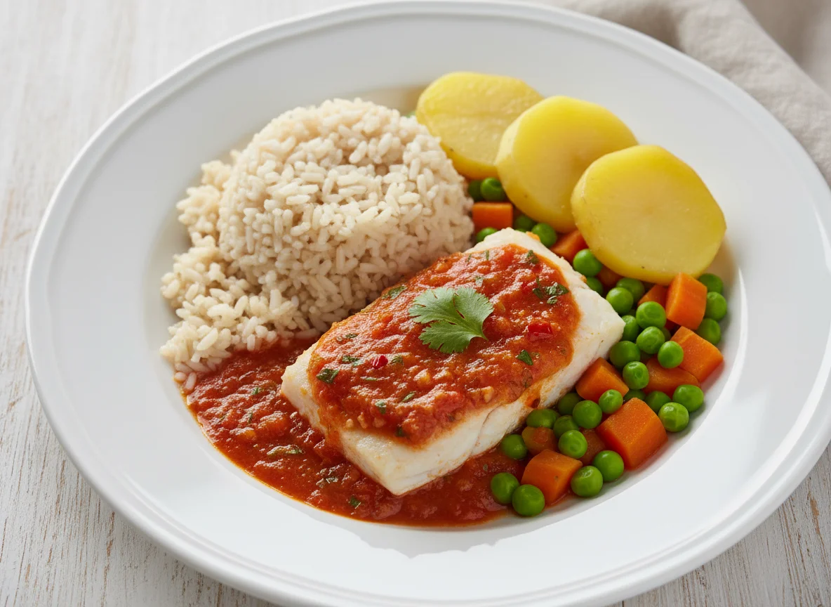 Peixe ao molho com arroz integral e legumes photo