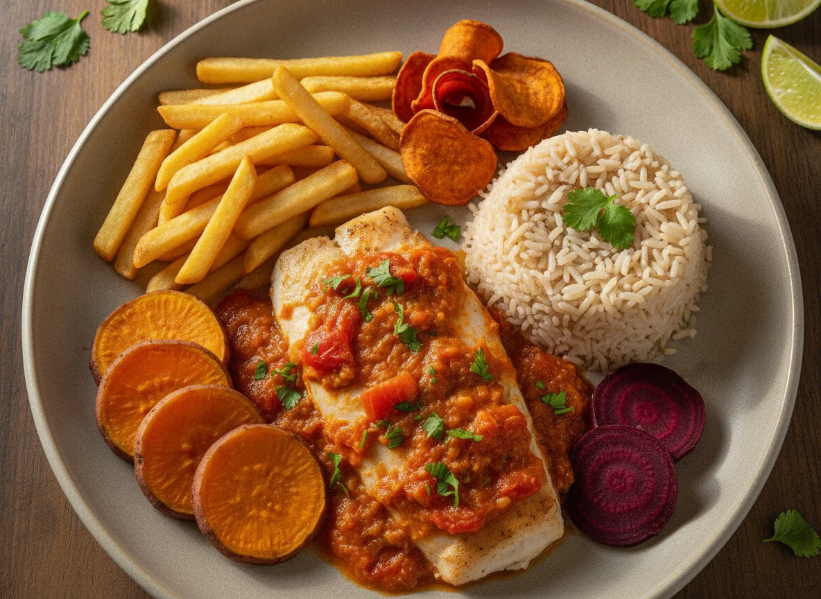 Peixe ao molho com batatas e arroz photo