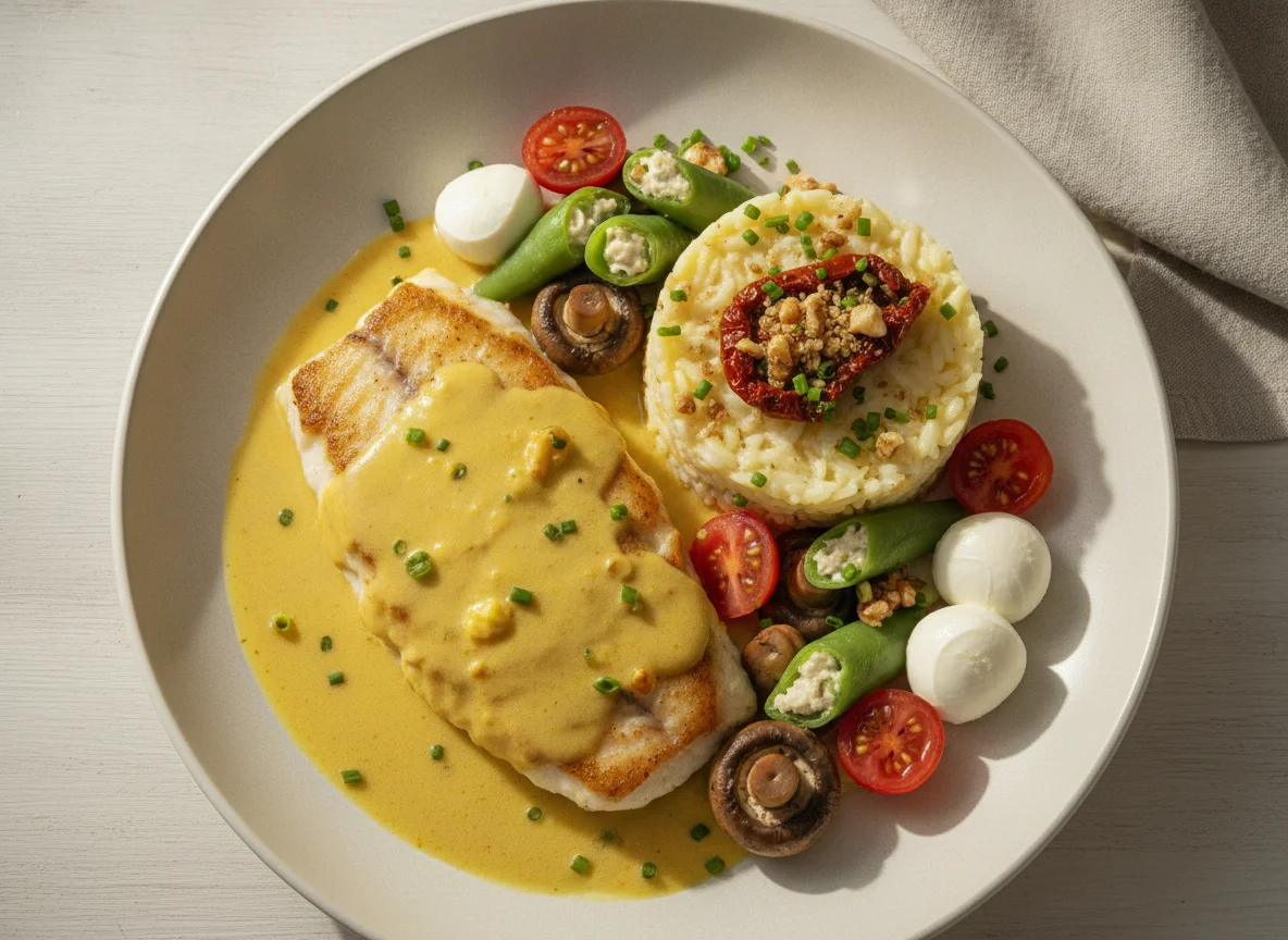 Peixe ao molho com risoto e vegetais photo