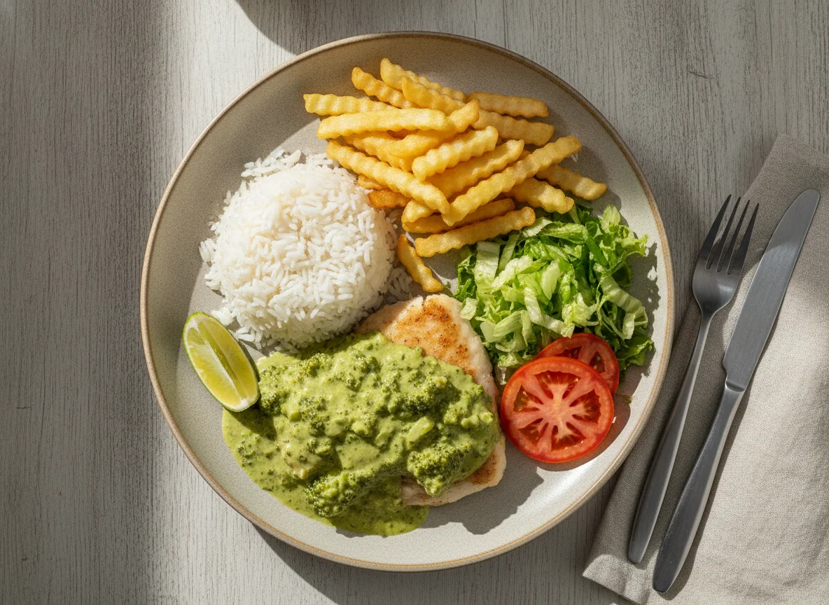Peixe ao molho de brócolis com arroz, batata frita e salada photo