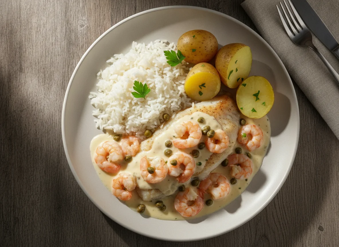 Peixe ao Molho de Camarão com Arroz e Batatas photo