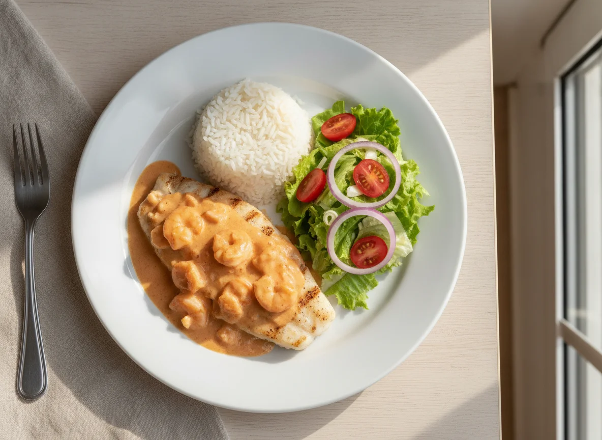 Peixe ao Molho de Camarão com Arroz e Salada photo