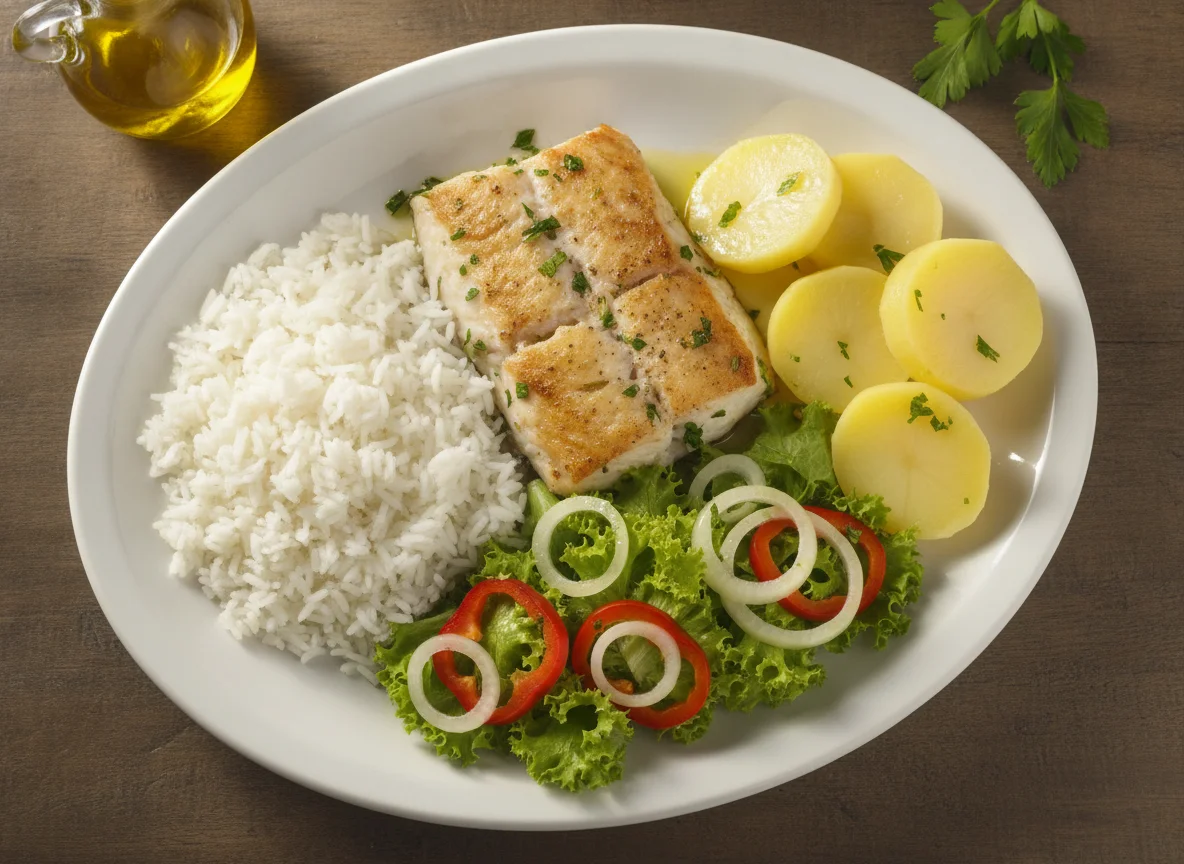 Peixe assado com arroz, batata e salada photo