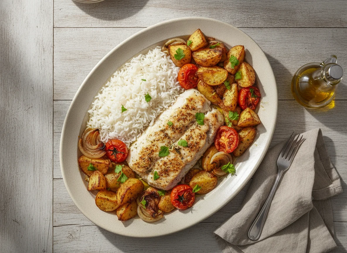 Peixe assado com arroz, batatas e legumes photo
