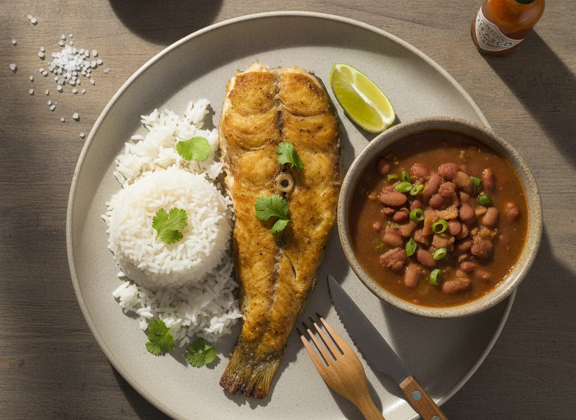 Peixe assado com arroz e feijão photo