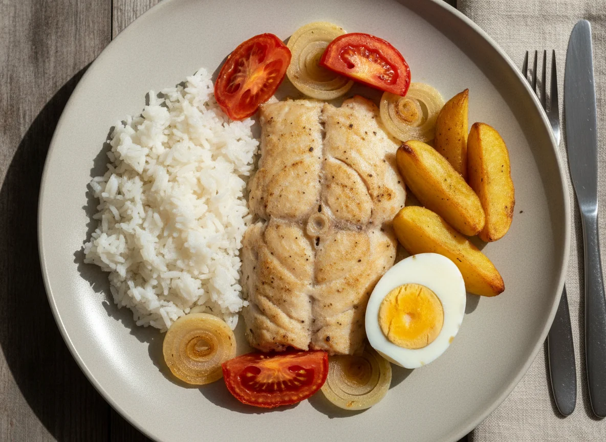 Peixe assado com arroz e ovo photo