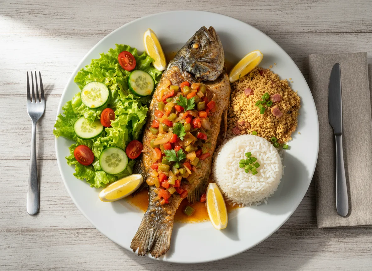 Peixe assado com arroz, farofa e salada photo