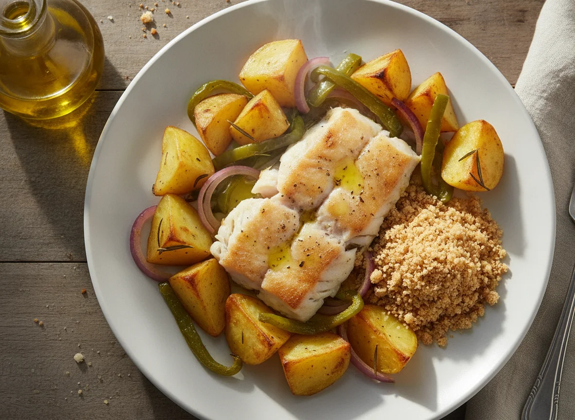 Peixe assado com batatas e legumes photo
