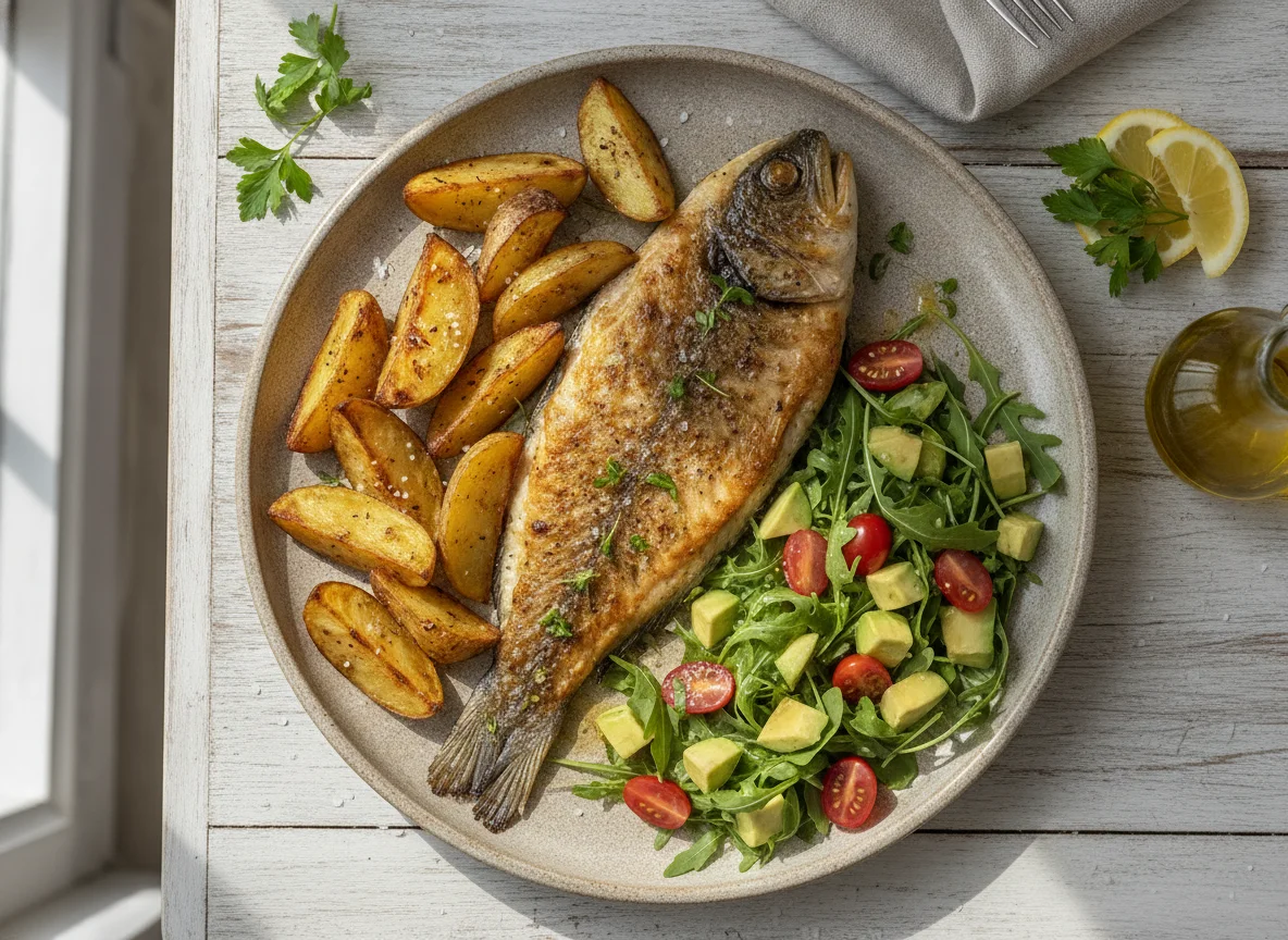 Peixe assado com batatas rústicas e salada de abacate photo