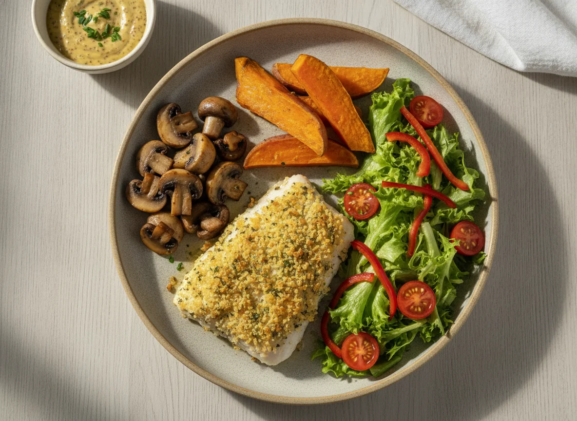 Peixe assado com cogumelos e salada mista photo
