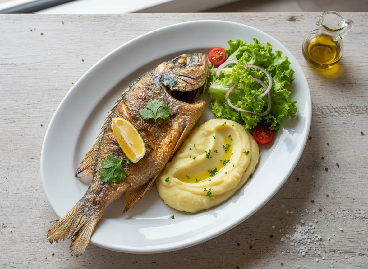 Peixe assado com puré de batata e salada photo