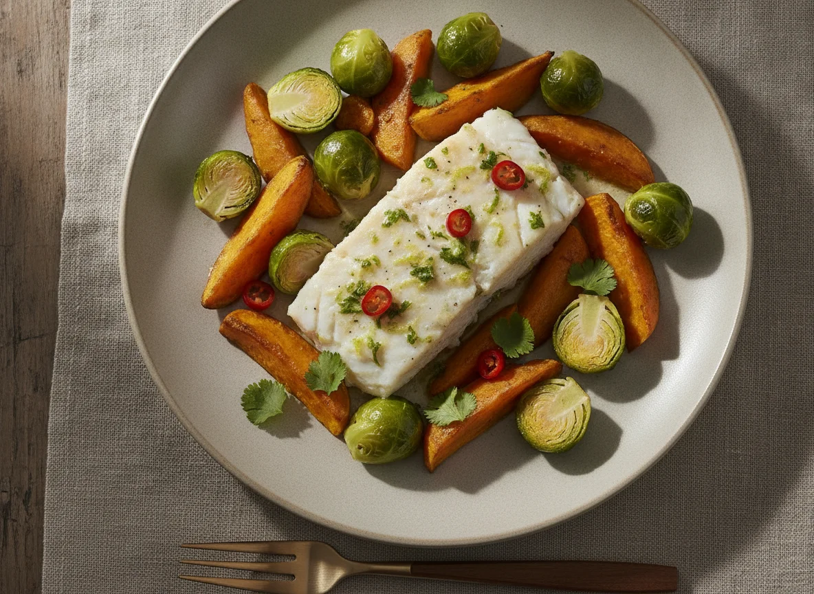 Peixe branco com batata doce e couves de Bruxelas photo