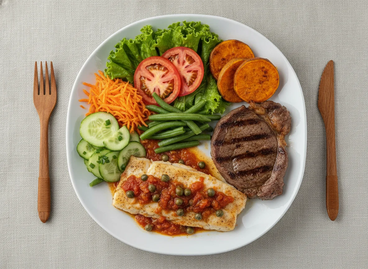 Peixe com Alcaparras, Bife e Salada Variada photo