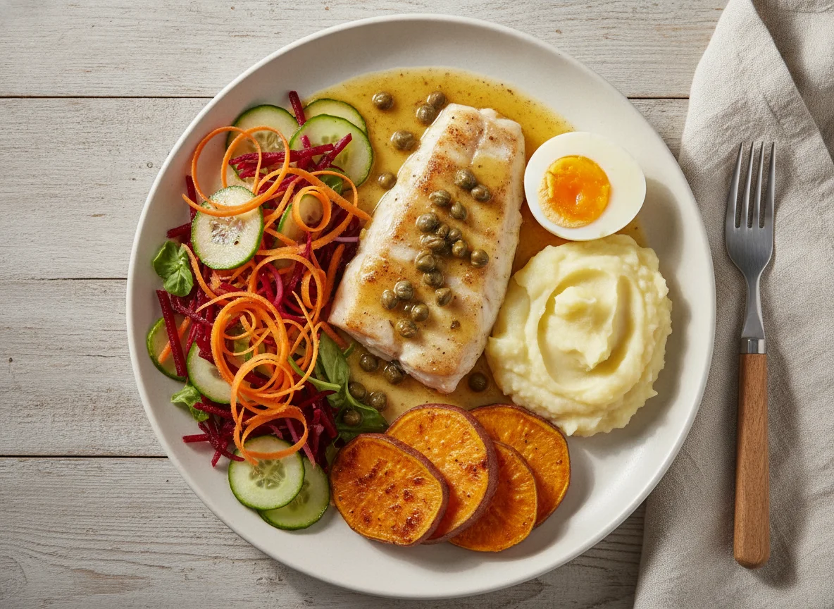 Peixe com Alcaparras, Ovo e Salada Mista photo
