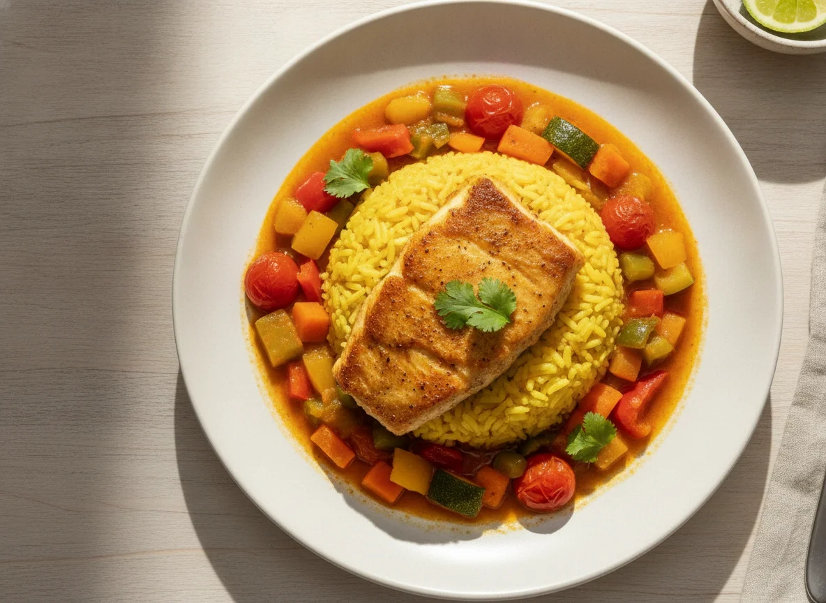 Peixe com arroz amarelo e legumes photo