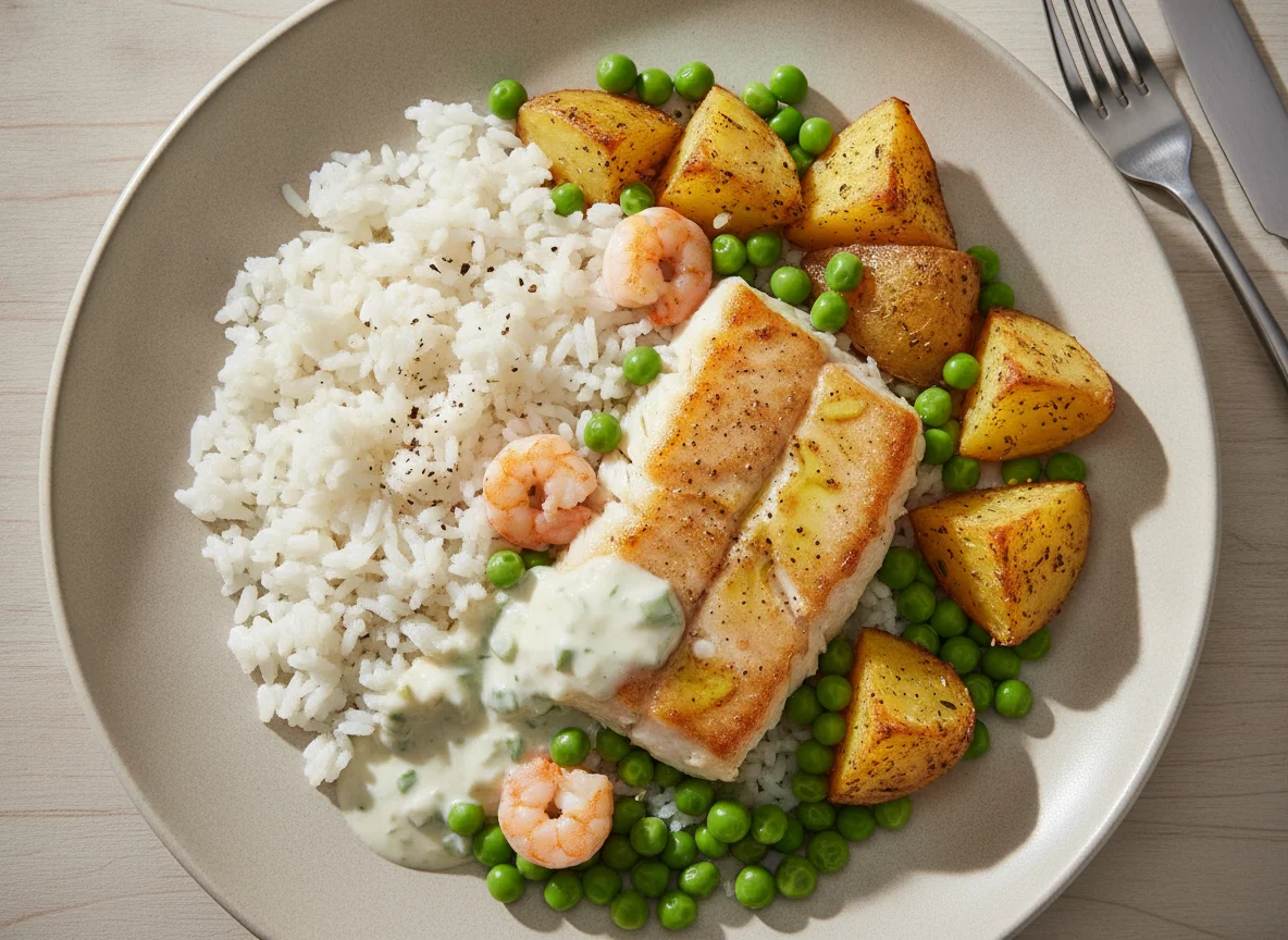 Peixe com arroz, batatas assadas e ervilhas photo