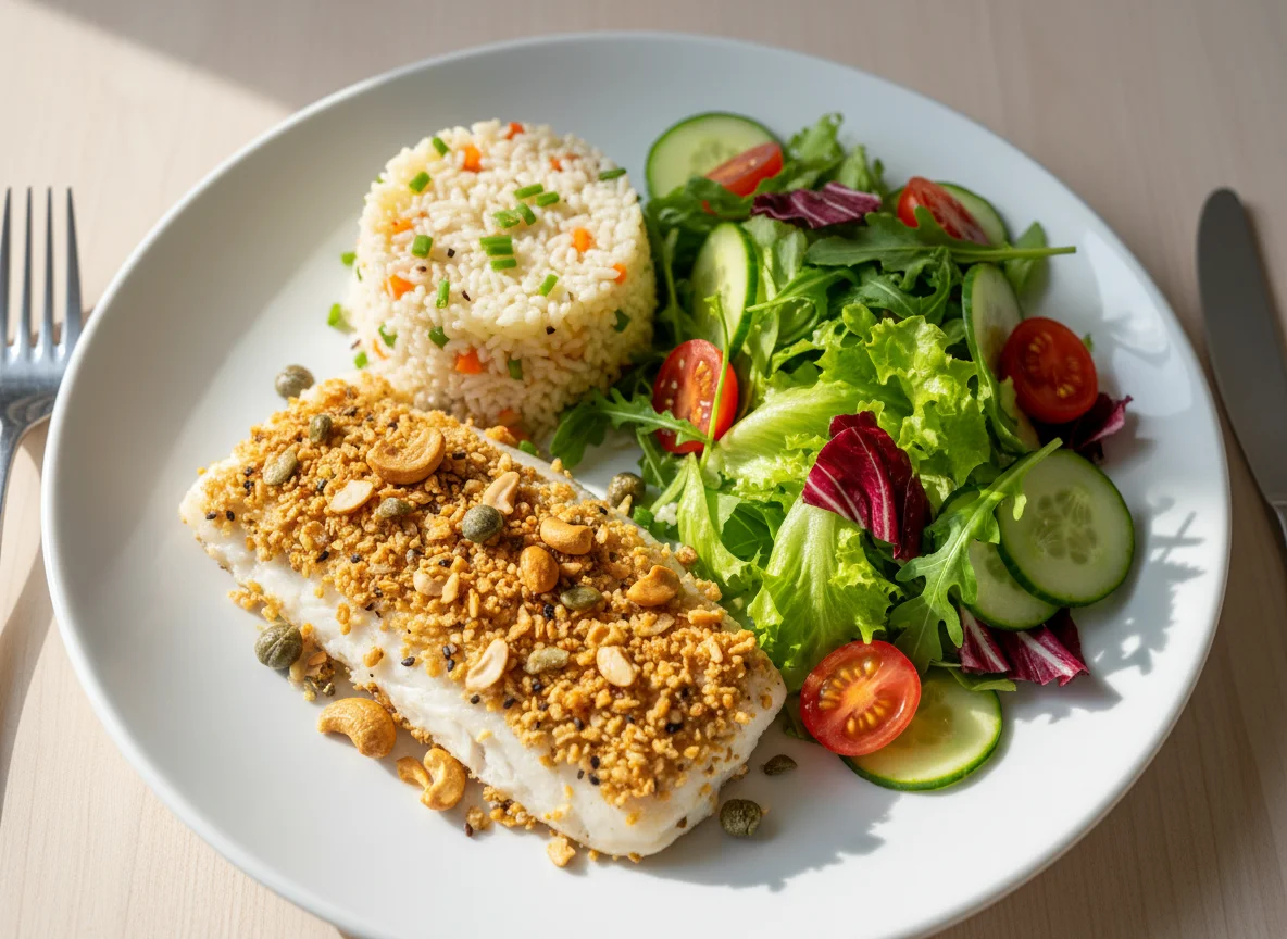 Peixe com arroz de couve-flor e salada mista photo