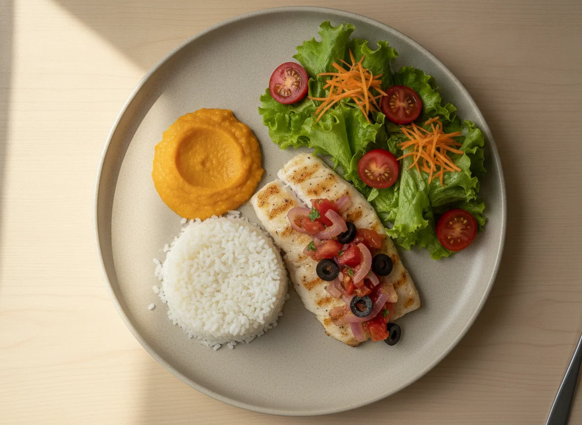 Peixe com Arroz de Konjac, Purê de Abóbora e Salada photo