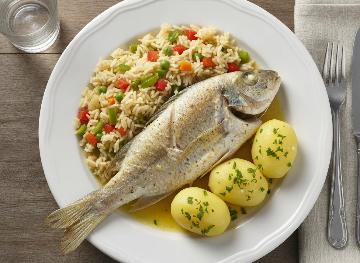 Peixe com arroz e batatas photo